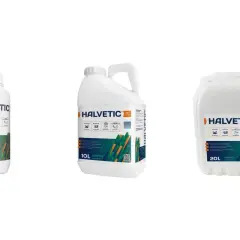 Trzy opakowania produktu **Halvetic**: butelka 1L, kanister 10L i kanister 20L.