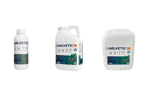 Trzy opakowania produktu **Halvetic**: butelka 1L, kanister 10L i kanister 20L.