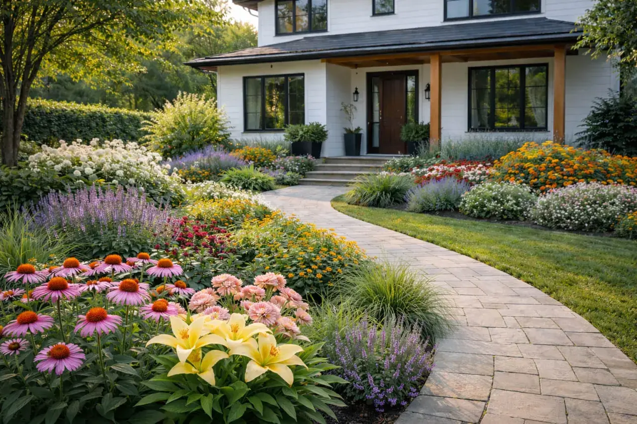 Kolorowy ogród przed domem, pełen różnorodnych nazwy kwiatów: jeżówki, lilie, szałwia i wiele innych.