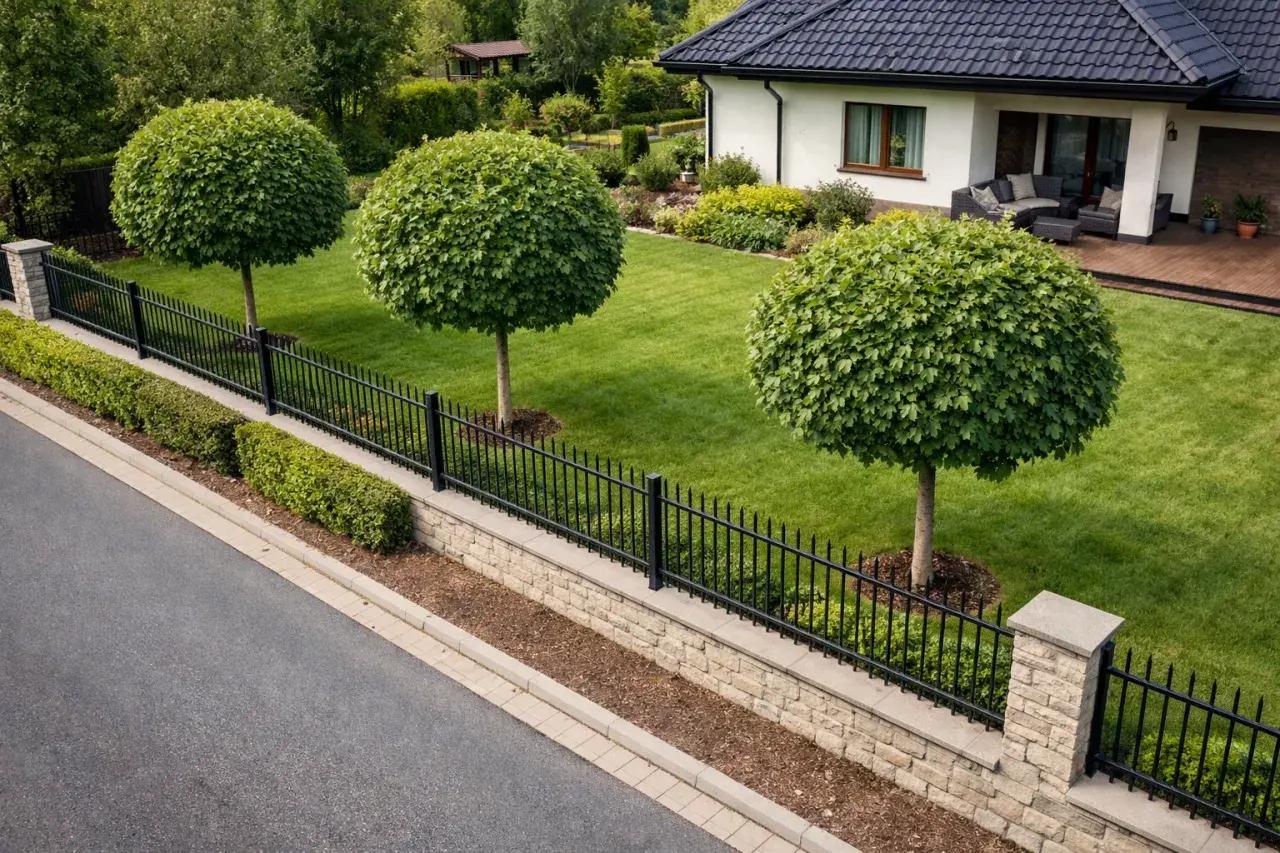 Trzy idealnie uformowane klony kuliste zdobią zadbany ogród z białym domem i czarnym płotem.