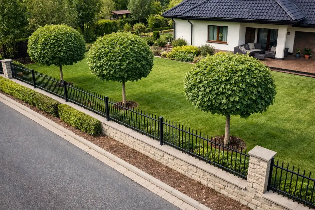 Trzy idealnie uformowane klony kuliste zdobią zadbany ogród z białym domem w tle.