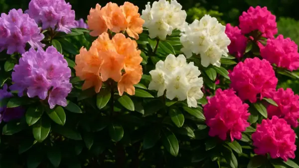 Kwitnące rododendrony odmiany: fioletowe, pomarańczowe, białe i różowe tworzą barwną kompozycję.